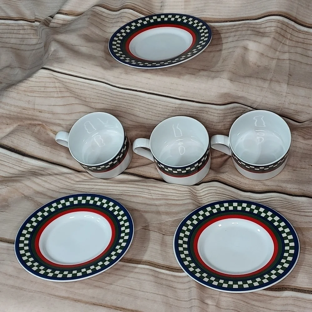 Ella's Rooster Bob Timberlake vintage coffee cups & saucers white green red blue